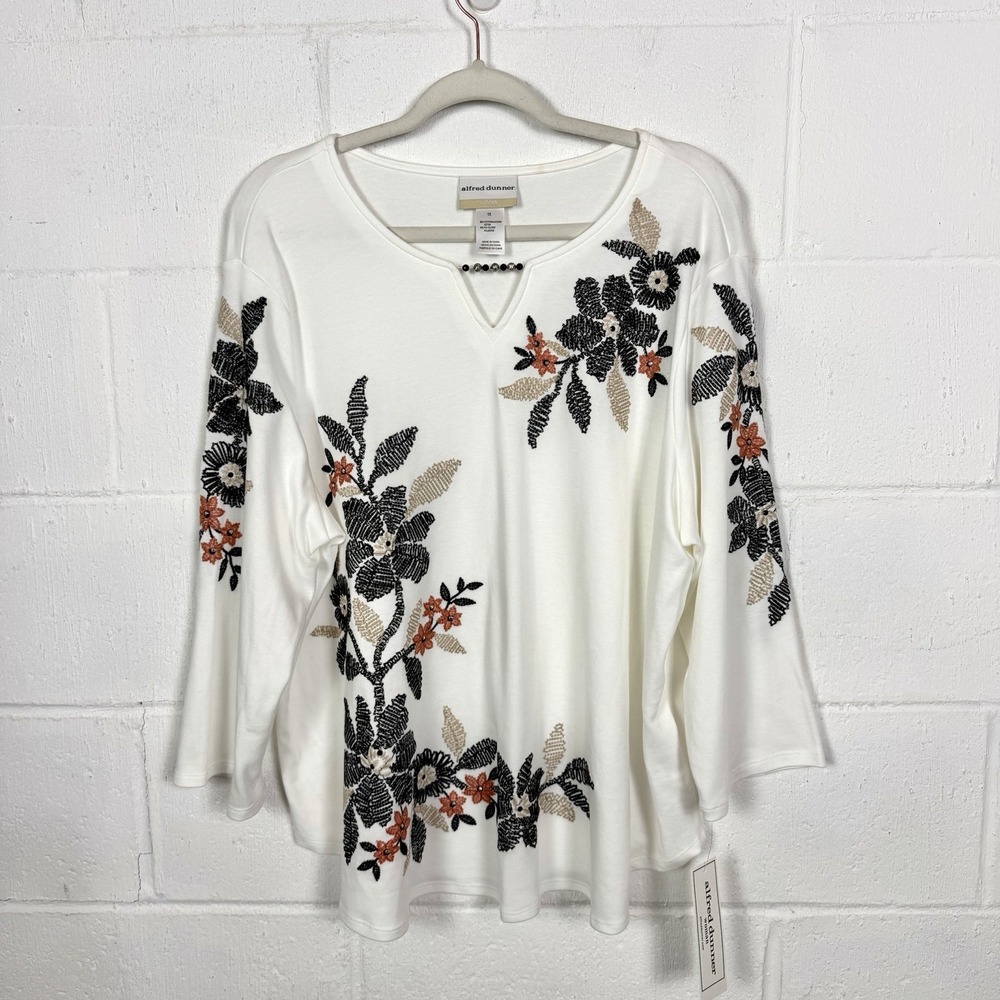 Alfred Dunner NWT Tunic Top Plus Size 1X Beaded Floral Embroidery Career BoHo
